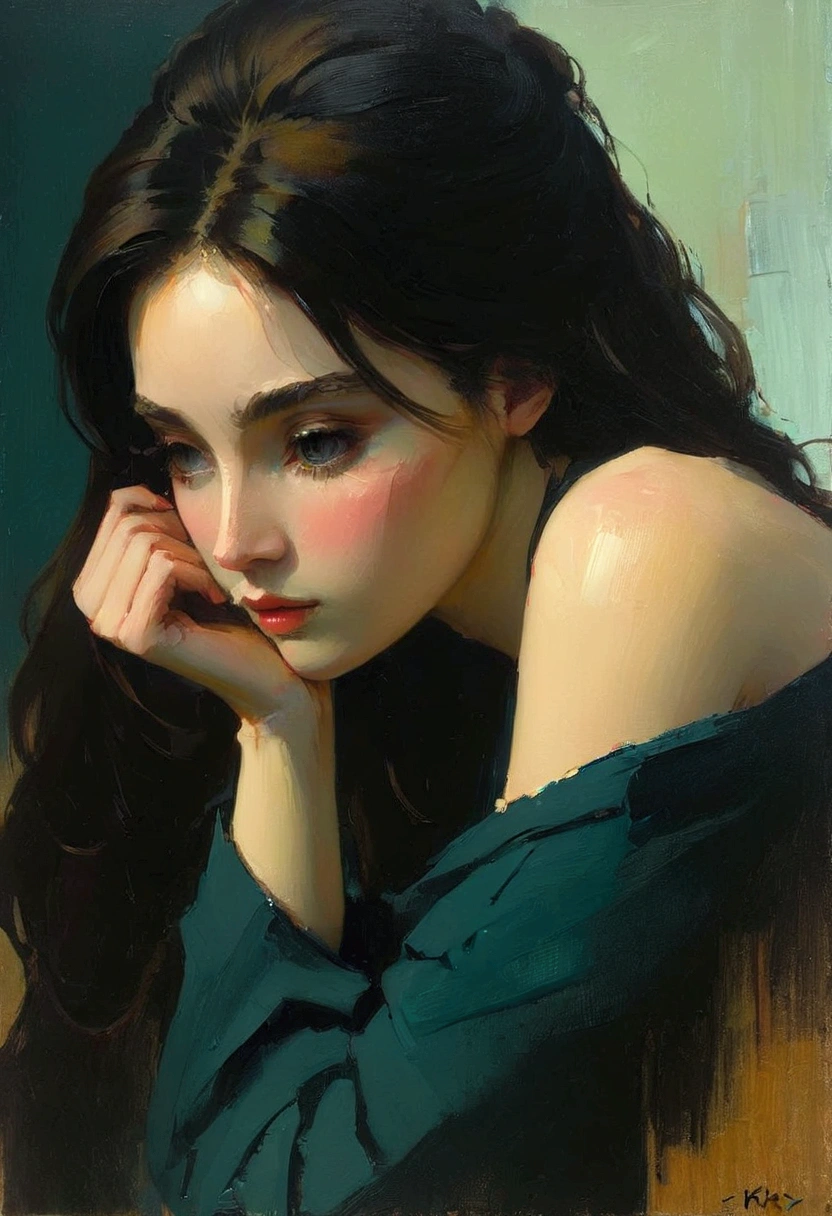 painting of a woman with long hair leaning on her chin, ilya kuvshinov face, by Gao Fenghan, ilya kuvshinov landscape, diego dayer, by Zhang Han, with influence of jeremy mann, by Yanjun Cheng, ilya kuvshinov. 4 k, jeremy lipking, by Ilya Kuvshinov