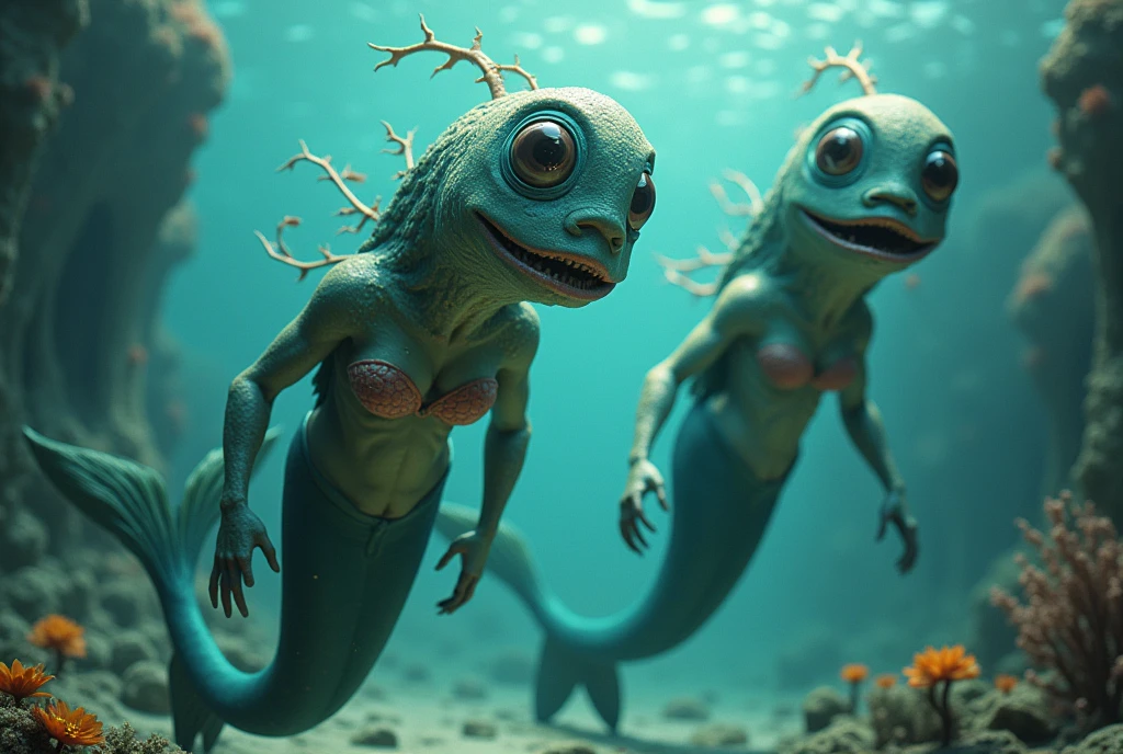 A classic 60s sea monster, attractive humanoid merfolk with odd facial features, fish lover body below the waist, clamshell bra on the women, swimming and playing in a fantasy underwater city, highly detailed, vibrant colors, cinematic lighting, photorealistic, concept art, digital painting, 8k, best quality