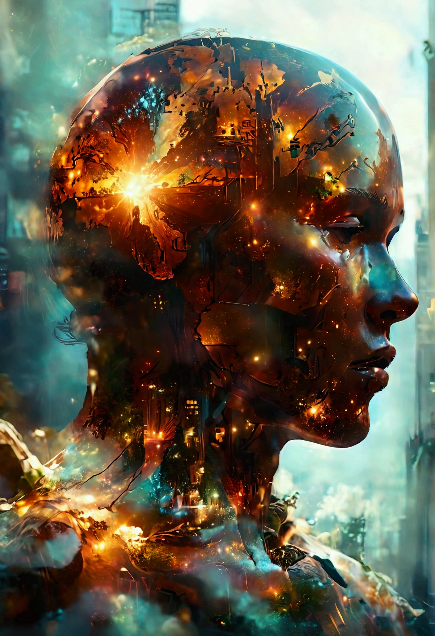 Digital illustration, Giant wooden figure with light shining out through its face, double exposure, cityscape inside its face, intricate, detailed, sci-fi