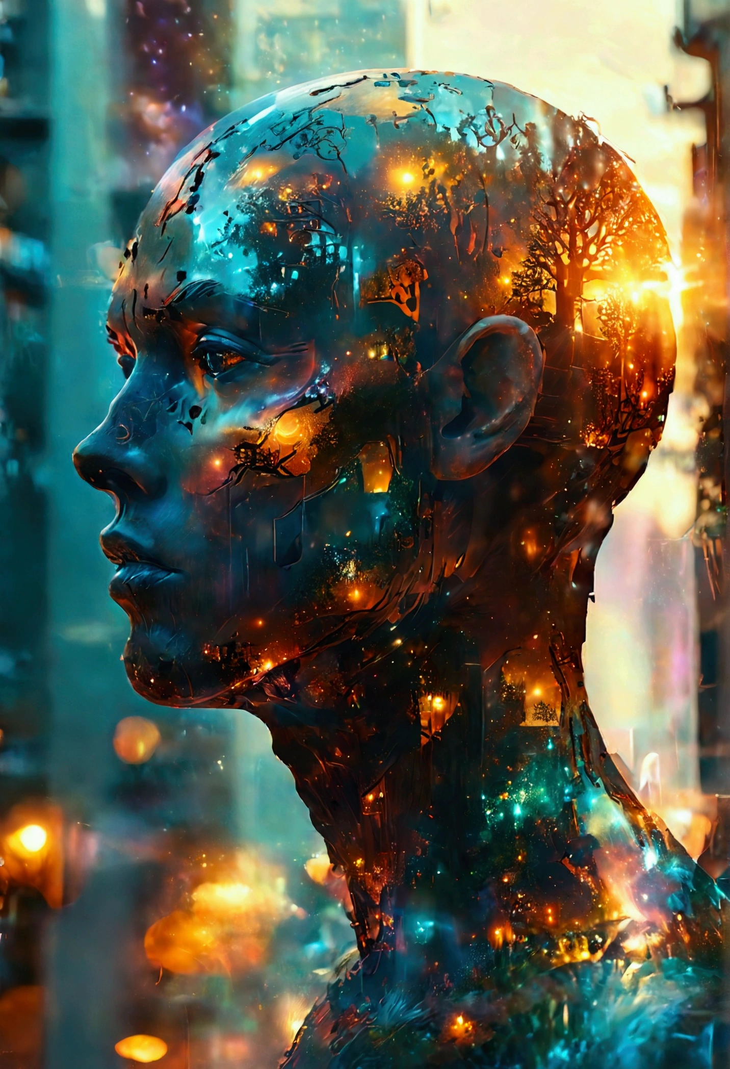 Digital illustration, Giant wooden figure with light shining out through its face, double exposure, cityscape inside its face, intricate, detailed, sci-fi