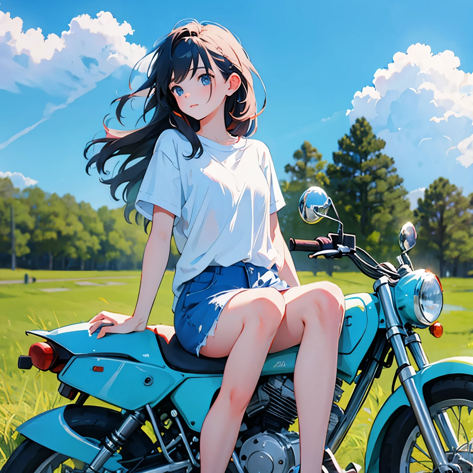 One Super Cub and one girl, blue skies, a girl with long hair, a road that seems to go on forever, riding a Super Cub.