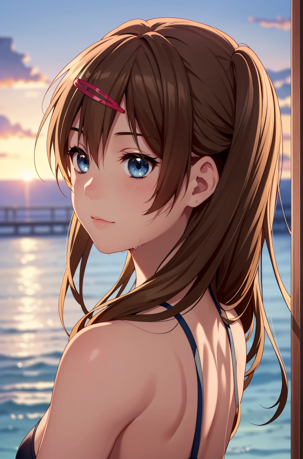 ((masterpiece, Highest quality, High resolution, uhd, Pixel perfect, Depth of written boundary, 4K, RTX, HDR)), 1 Girl, single, alone, 24-years-old, Anime Girls, Beautiful art style, anime character, ((Parted bangs, Brown Hair)), (blue eyes、Round eyes, Delicate eyelashes、Beautiful eyelashes, Perfect Eyes), (Detailed face:1.2), (Smooth texture:0.75, Realistic texture:0.65, Realistic:1.2, Cinematic, Anime CG Style), Perfect body、Moderately good breasts:1.7、Micro Bikini:1.8、Wet、Water Drop、nsfw、Ocean岸:1.8、Turning away:1.8、sunset:1.8、The whole body is visible:1.8、Ocean:1.8、Swimsuit strings:1.8、Seen from behind:1.8、Look ahead