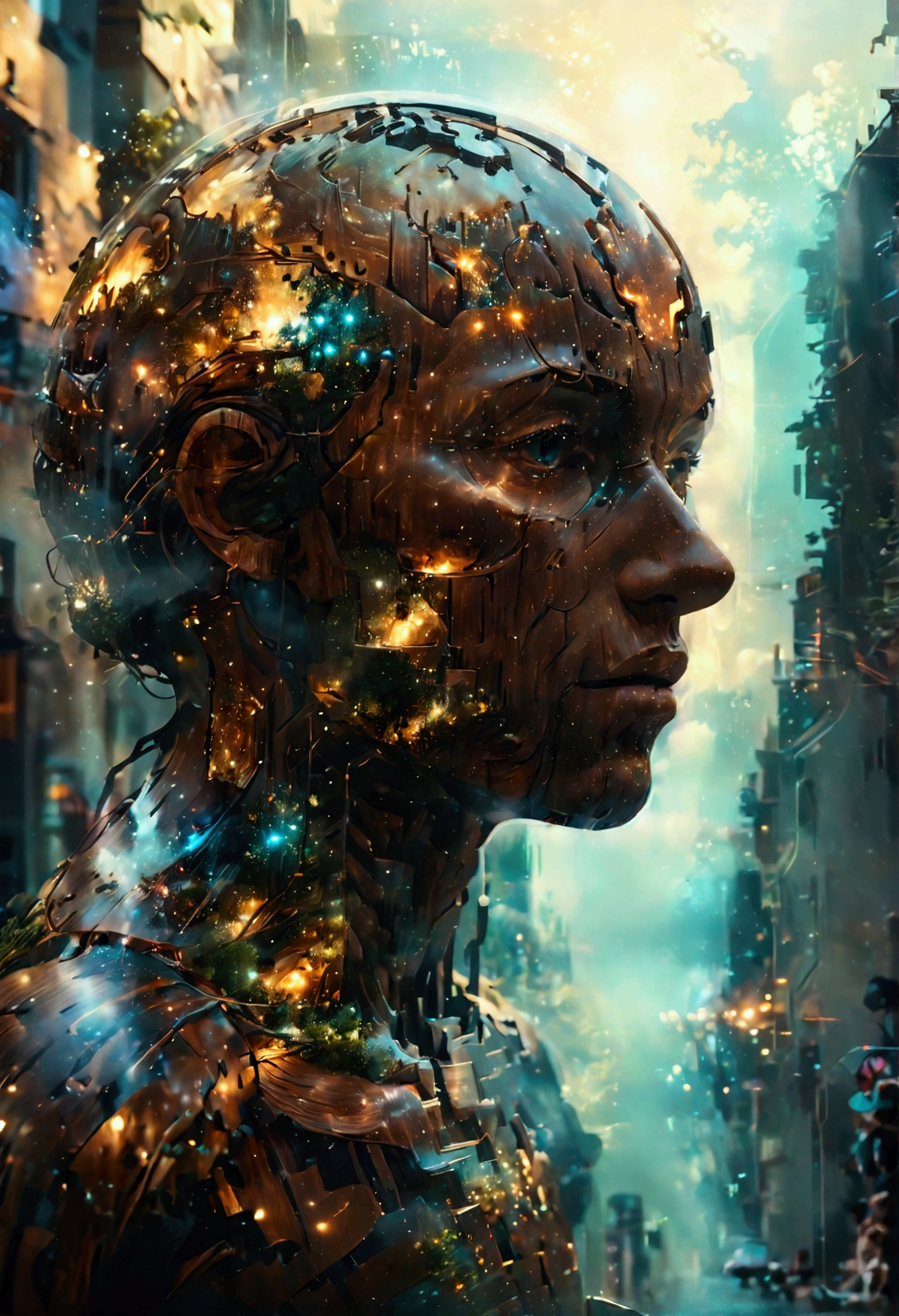 Digital illustration, Giant wooden figure with light shining out through its face, double exposure, cityscape inside its face, intricate, detailed, sci-fi