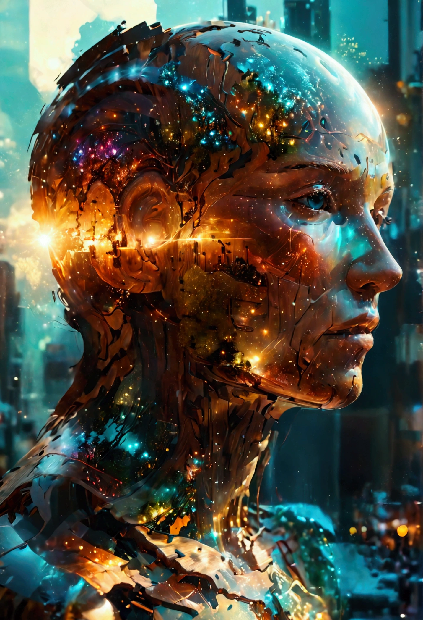 Digital illustration, Giant wooden figure with light shining out through its face, double exposure, cityscape inside its face, intricate, detailed, sci-fi