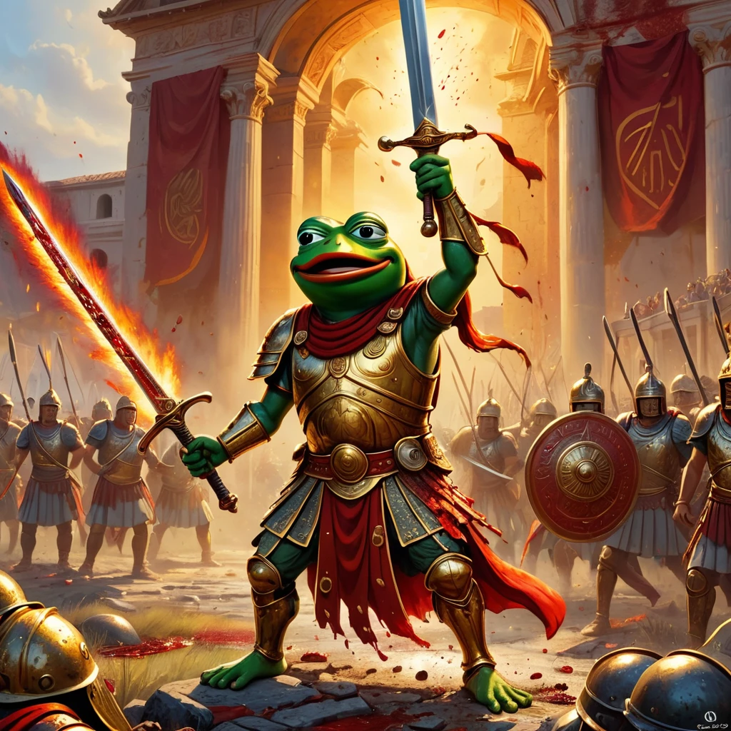 3D cartoon of a Pepe the frog, ultra-detailed, screaming, dressed in the stylized red and gold Roman centurion, brandishing a bloodied sword in his hand, standing in a battlefield, the name " UMAIR " is artistically written in the background