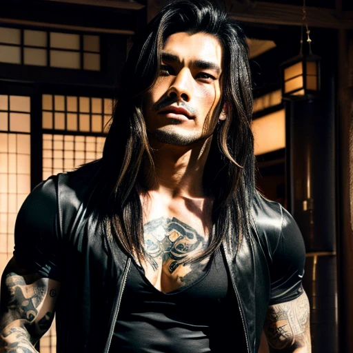 1 man, Japanese man, male, Asian eyes, muscular, broad shoulders, yakuza tattoos, hairstyle Visual Kei style, hair Visual Kei, black men's shirt and black pants, ultra detailed face, hyperrealistic, realistic representation, long hair, long hair, 30 years old, age 30 years, blonde hair