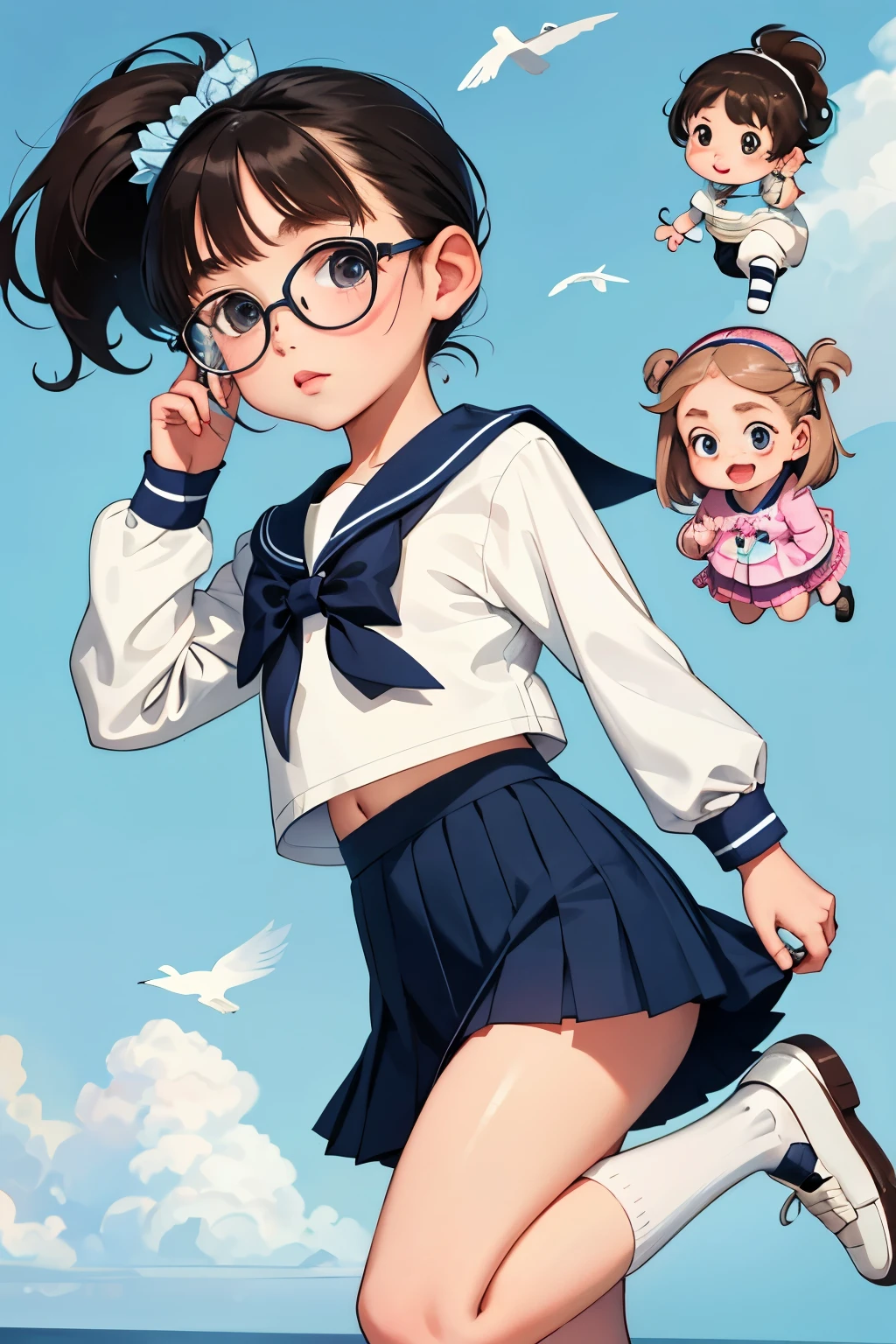 Highest quality、High resolution、masterpiece，Detailed Background、A very small teenage girl，(Two Little Girls:1.5)、Brown Hair、Baby Face，Glasses，Bobcut、ponytail、Flat Chest:1.3、Very short stature，Very thin thighs，Sailor suit in bright colors、Navy pleated mini skirt、White knee-high socks、loafers，belly button，The kids&#39;Floral embroidered panties、floral embroidered bra、She showed me her panties with a happy look on her face..，Laugh playfully、smile、Small and cute，lift，school bag，Bruises and gestures，Holding a big teddy bear，Accurately detailed cute teddy bear，