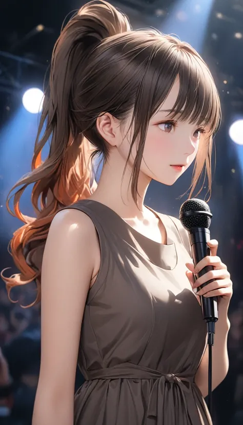 beautiful young japanese woman, around , (((wearing a brown shift dress))), super detailed, 8k resolution, very realistic, cinem...