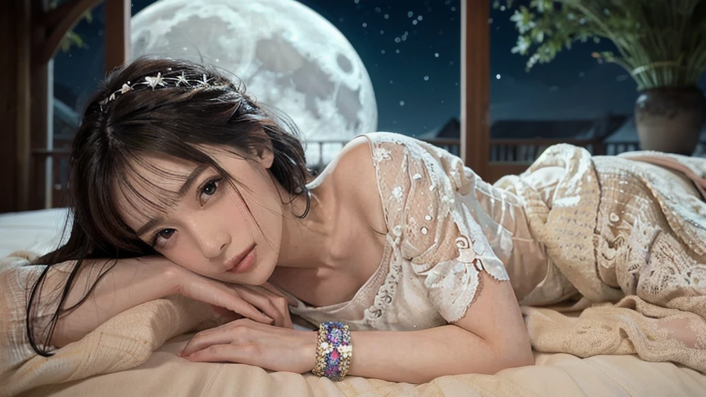 (1 woman), solo, short bob, 2, Japanese, brown eyes, brown hair, slim figure, flat chest, rosy cheeks, flushed face, happy, happiness
Break
Moonlit Whisper

Start with a delicate, flowing white dress adorned with silver and pale gold accents, featuring soft layers that float gently as the girl moves. The dress has a high empire waistline, giving it a graceful, ethereal silhouette. The neckline is adorned with subtle crescent moon embroidery, and the sleeves are loose and flowing, reminiscent of stardust trailing in the night sky. Pair it with lace-up sandals in a soft, silvery hue that wrap delicately around her ankles, adding a touch of whimsy and grounding the outfit.
BREAK
Accessorize with a silver headband featuring small crescent moons and stars, sitting gently atop her loosely tied-up hair. A small, silver moon-shaped pendant rests at her collarbone, and delicate star-shaped earrings add a soft shimmer to her look.

Scene & Setting
The girl stands on a glowing lunar surface, bathed in the gentle light of the full moon, her eyes filled with wonder. She gazes upward, speaking softly to the mythical rabbit living within the moon, her face glowing with curiosity and kindness. Her surroundings are quiet, with faint celestial music in the background, and the stars twinkle softly around her.

Expression & Emotion
Her expression is a mix of excitement and awe as she extends her hand toward the rabbit, her voice carrying gentle whispers of questions and wishes. She smiles softly, as if sharing a secret or forming a bond with the lunar creature. Her eyes shine with the light of the moon, reflecting a moment of pure, dreamlike connection.

Details & Accessories
A small silver bracelet adorns her wrist, and a light dusting of shimmer along her cheekbones mimics the soft glow of the moon. Her makeup is subtle yet luminous, with silvery eyeshadow, a hint of blush, and soft pink lips, adding to the dreamy, otherworldly feel.
BREAK
This outfit and scene captures th