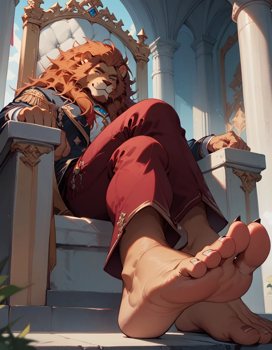 big, furry, muscular male, lion, mane hair, old man, sitting on throne, barefoot, burgundy pants, crossed legs, caloused feet, sole visible, foot focus, low angle view