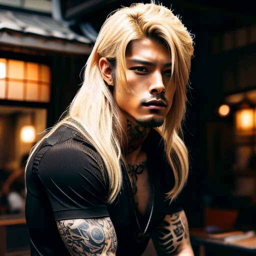 1 man, Japanese man, male, Asian eyes, muscular, broad shoulders, yakuza tattoos, hairstyle Visual Kei style, hair Visual Kei, black men's shirt and black pants, ultra detailed face, hyperrealistic, realistic representation, long hair, long hair, 30 years old, age 30 years, blonde hair