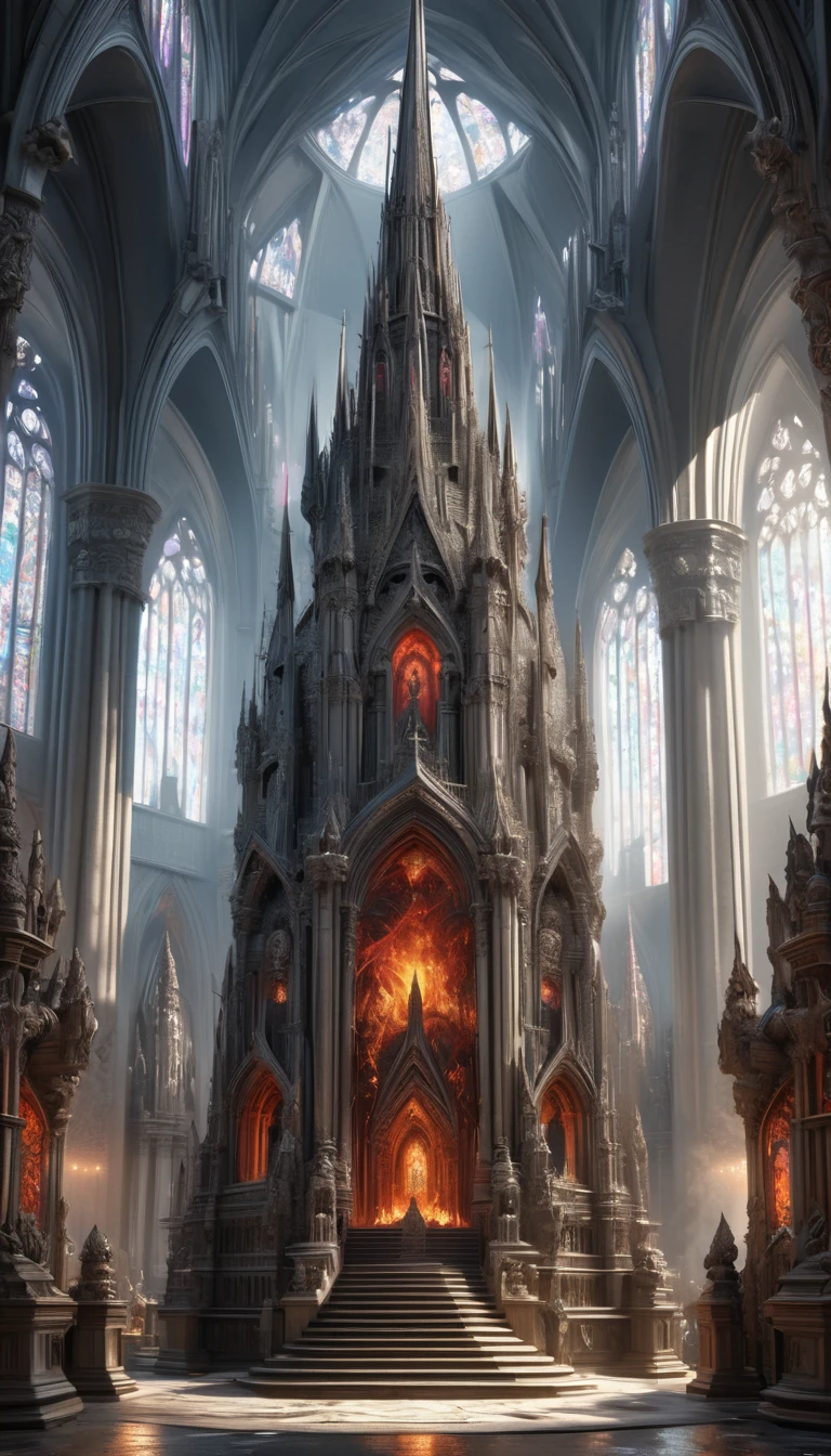 a imposing royal demonic cathedral, intricate and ornate gothic and hellish architecture, ornate carved stone sculptures, towering central spire, isolated against a hellish background, chaotic imagery of the world's deities, extremely sharp and detailed, ARW, best quality, 8k, highres, masterpiece, ultra-detailed, realistic, photorealistic, photo-realistic, HDR, UHD, studio lighting, ultra-fine painting, sharp focus, physically-based rendering, extreme detail description, professional, vivid colors,