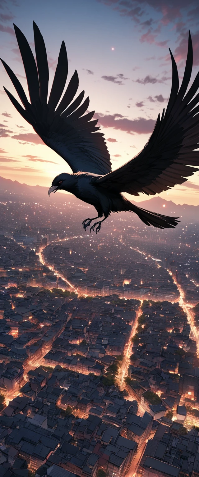 ((masterpiece, Highest quality, High resolution)), ((8K wallpaper incorporating highly detailed CG)), skyscraperの上に立つ女性の後ろ姿, skyscraper, Overlooking the modern city, Small Town, 超skyscraper, Urban rooftops, A huge black bird is flying。