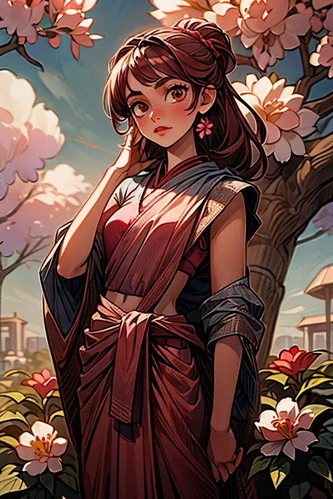 (masterpiece),(best quality:1.0), (ultra highres:1.0), detailed illustration, 8k, anime, 1girl, beautiful anime girl, in a sari, wearing a pink sari, pretty pose, pretty face, detailed face, beautiful eyes, dark red eyes, detailed eyes, red lips, red lipstick, slightly brown hair, pink flower on ear, highlights in hair, standing, red flowers on a tree in the back, open sky with clouds, detailed, intricate, anime style, highly detailed