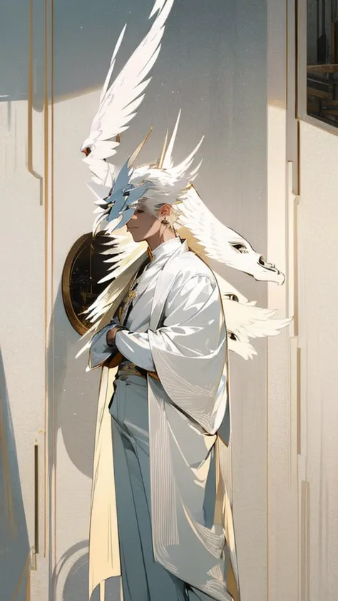 god of light, male, white-gold hair, white coat, angel mask, thin, long pants, focus on face, high detail, wearing angel mask