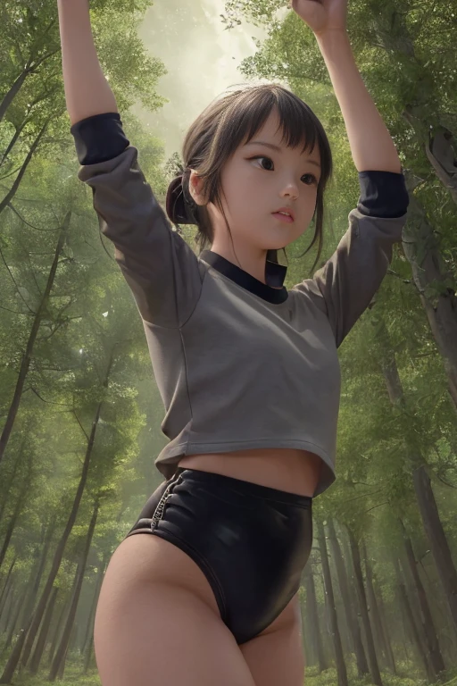 (masterpiece, highest quality),  (夜のdark森), One Girl, young teen, Black gymnastics bloomers, High leg、School Shirt, standing in night forest, Looking up at the forest、Anxious expression, Emotional, Wide-angle, dark, Best Shadow, watercolor,