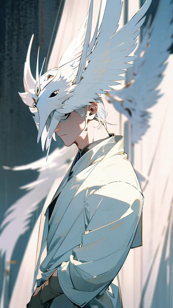 God of Light, Male, White-Gold Hair, White Coat, Angel Mask, Thin, Long Pants, Focus on Face, High Detail, Wearing Angel Mask, Face Mask