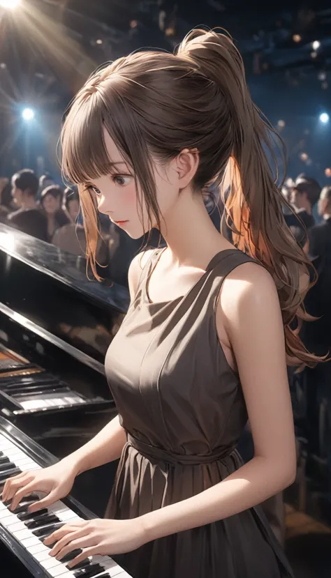 beautiful young japanese woman, around , (((wearing a brown shift dress))), super detailed, 8k resolution, very realistic, cinem...