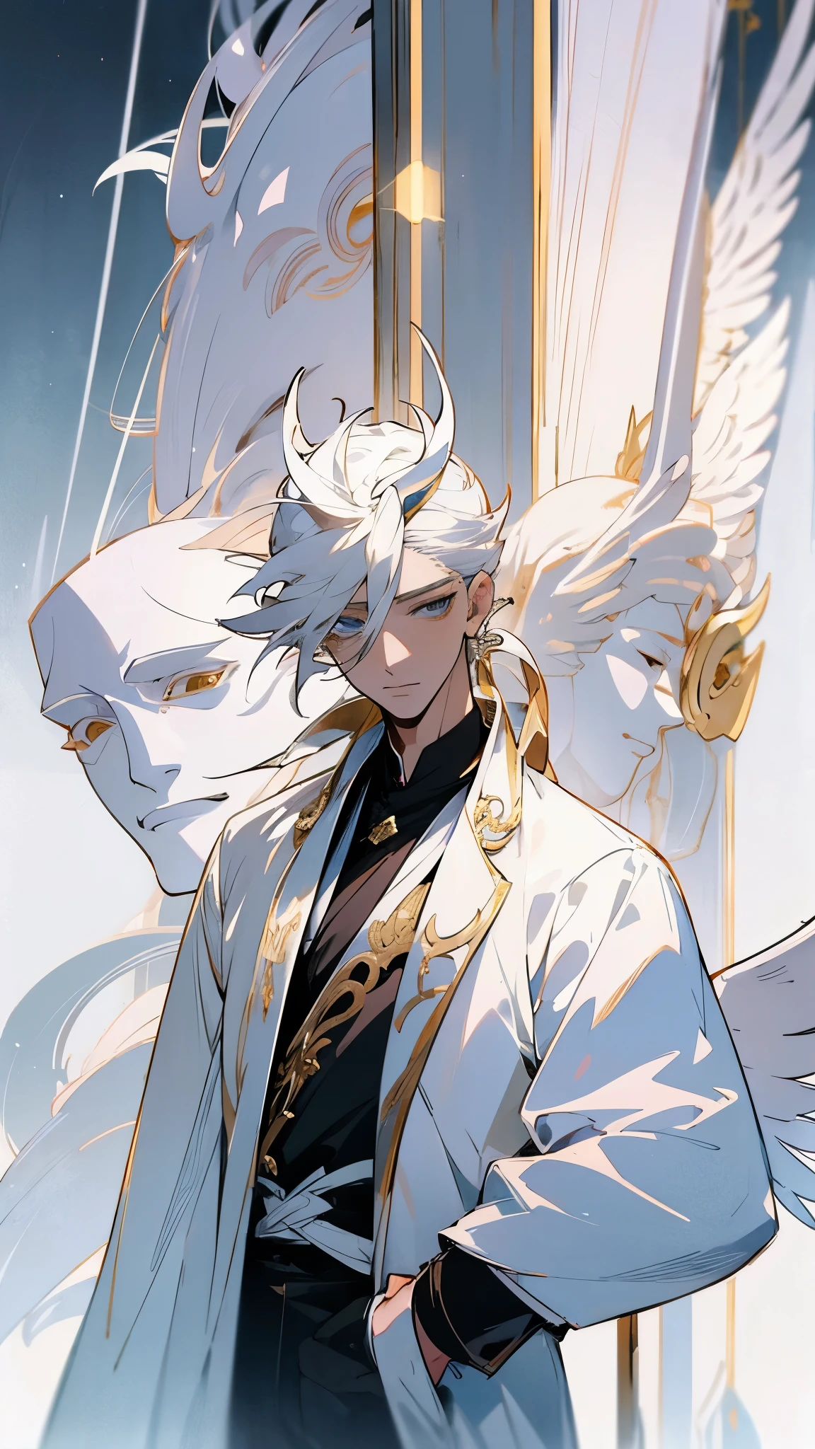 God of Light, Male, White-Gold Hair, White Coat, Angel Mask, Thin, Long Pants, Focus on Face, High Detail, Angel Mask