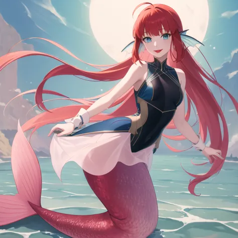 masterpiece, best quality, highres, bbcaster, mermaid, mermaid tail below waistline, long hair, red hair, ahoge, red lips, blue ...