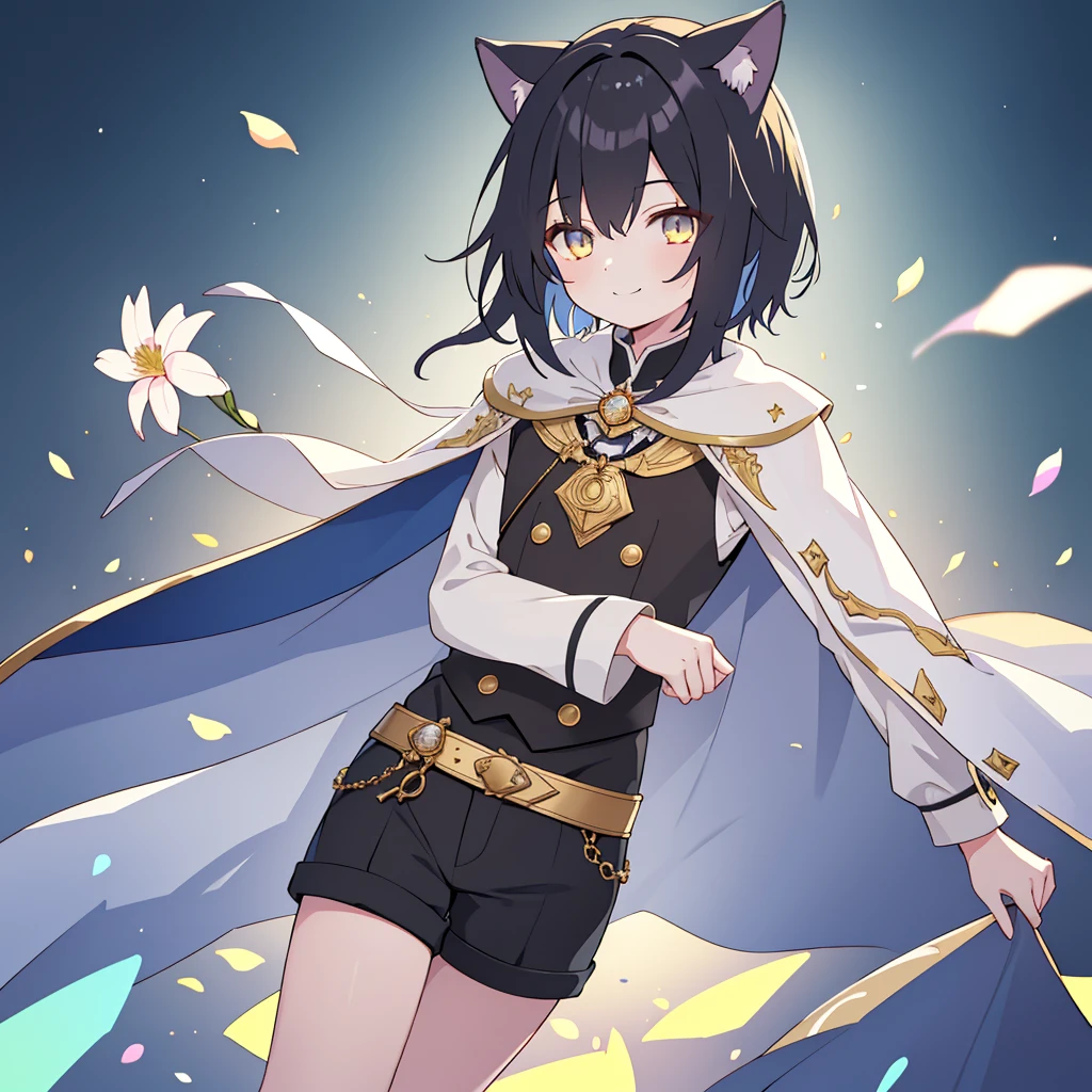 A boy with black hair and cat ears, Golden Eyes, Straight hair, short hair, Shoulder-length hair, Cute Smile, Cape, Shorts, (Highest quality, 4K, 8k, High resolution, masterpiece:1.2), Very detailed, (Solo Boy), Dramatic lighting, Very detailed, Complex fabric texture, Structure of the film, (Magic Flower), Shining Eyes