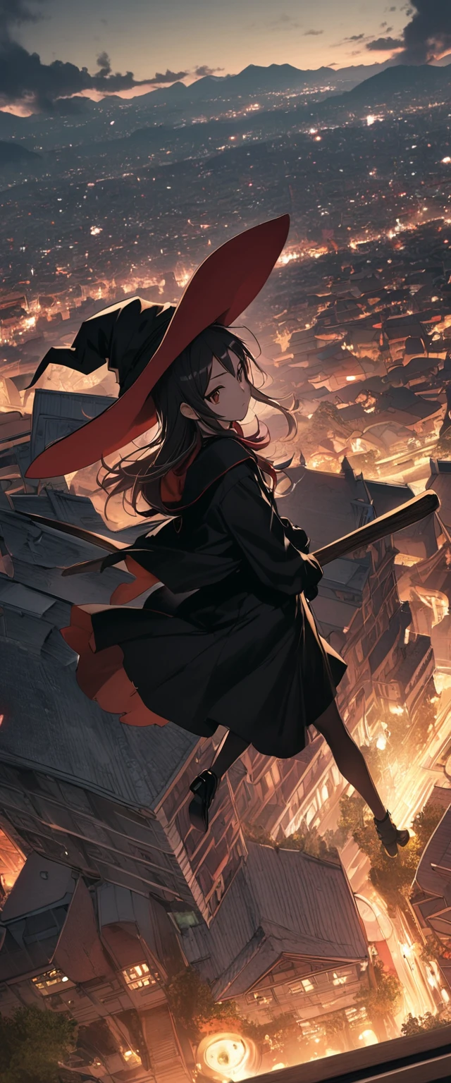 ((masterpiece, Highest quality, High resolution)), ((8K wallpaper incorporating highly detailed CG)), skyscraperの上に立つ女性の後ろ姿, skyscraper, Overlooking the modern city, Small Town, 超skyscraper, Urban rooftops, A small silhouette of a witch in black flying on a broomstick。Black Hair。Witch Hat。