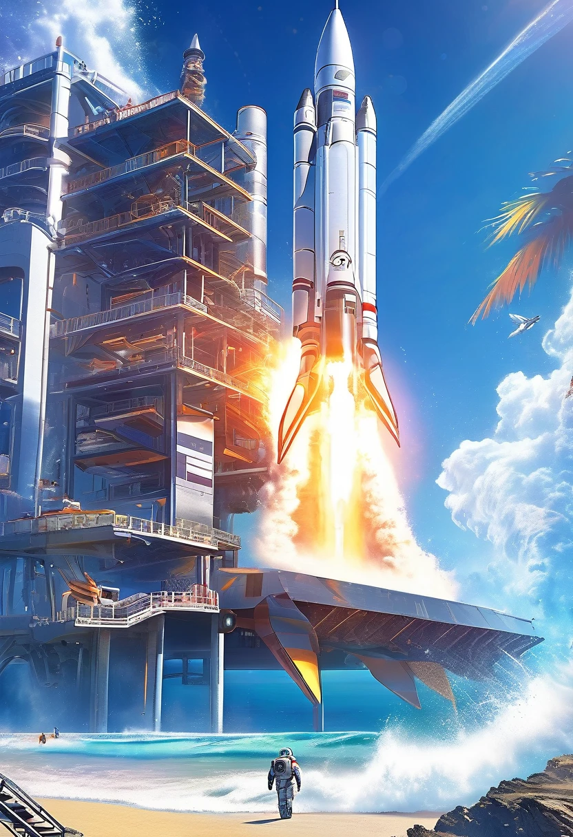 Rocket launch pad by the sea, Sandy Beach, Crashing Waves, Sunny blue sky, Powerful rocket engine, Space missions, Excitement and anticipation, Detailed spaceship, Nice views, takeoff, Surreal atmosphere, High-resolution image quality, Vibrant colors, Dynamic Lighting