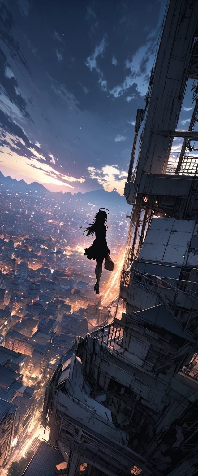 ((masterpiece, Highest quality, High resolution)), ((8K wallpaper incorporating highly detailed CG)), skyscraperの上に立つ女性の後ろ姿, skyscraper, Overlooking the modern city, Small Town, 超skyscraper, Urban rooftops, Silhouette of a little angel in black flying。Black wings。Black Hair。