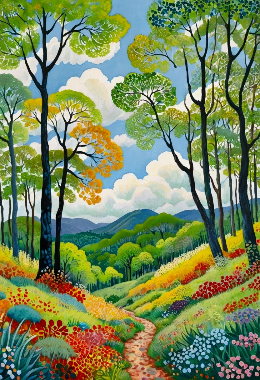 painting of a colorful landscape with trees and clouds, vibrant gouache painting scenery, whimsical forest, colorful trees, hill with trees, nature painting, bright forest, trees in the grassy hills, colorful landscape painting, detailed trees, lots of trees, painting of a forest, random forest landscape, trees with lots of leaves, inspired by Henri Rousseau, inspired by Pacita Abad