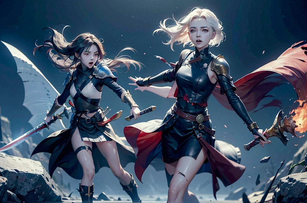 official art,extremely detailed CG unity 8k wallpaper, best quality,masterpiece, highres,{{guro}},{{bloody}},{{1vs1_sword_duel}},{{{girl_and_enemy_both_kill_eachother_simultaneously_in_sword_duel}}},after_duel,girl_injured,{{wounds_on_belly}},{{scar_on_belly}},cut_down,open_mouth,mortally_strike,impale,girl_dying,{{enemy_deadbody}},open_mouth,1girl,shorthair,whitehair,grayeyes,ninja,longboots,miniskirt,gloves,sword,midriff,leather_armor,{{enemy_killed_by_girl}},{{girl_killed_by_enemy}},