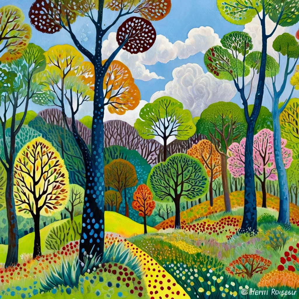 painting of a colorful landscape with trees and clouds, vibrant gouache painting scenery, whimsical forest, colorful trees, hill with trees, nature painting, bright forest, trees in the grassy hills, colorful landscape painting, detailed trees, lots of trees, painting of a forest, random forest landscape, trees with lots of leaves, inspired by Henri Rousseau, inspired by Pacita Abad