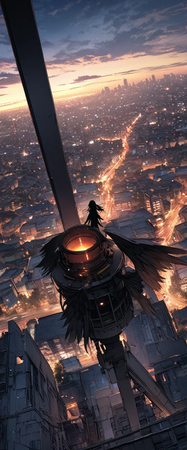 ((masterpiece, Highest quality, High resolution)), ((8K wallpaper incorporating highly detailed CG)), skyscraperの上に立つ女性の後ろ姿, skyscraper, Overlooking the modern city, Small Town, 超skyscraper, Urban rooftops, Silhouette of a little angel in black flying。Black wings。Black Hair。