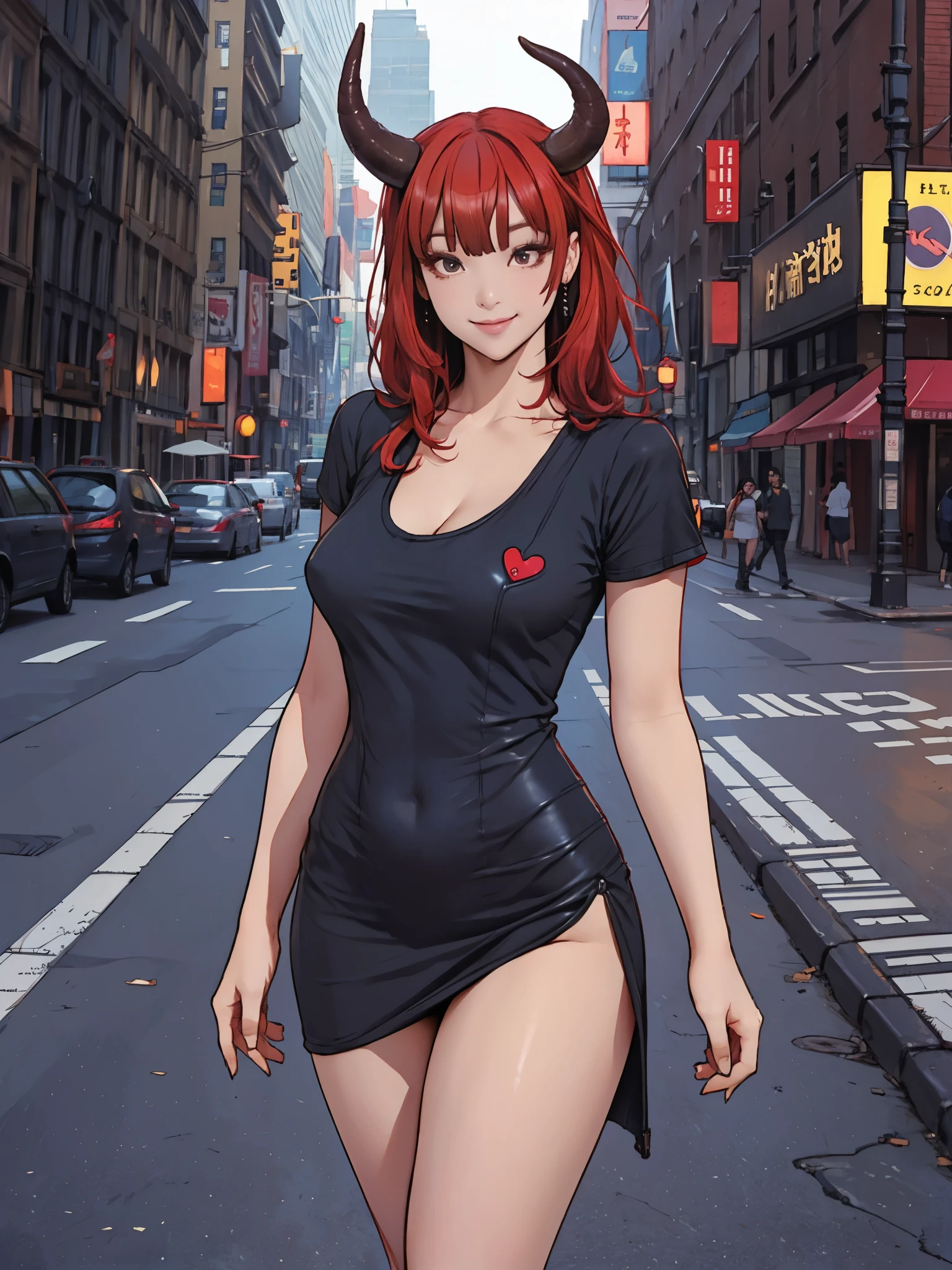 girl, body tilt, long layered hair, hime cut bangs, (oni horn:1.2), t-shirt mini dress, short sleeves, thighs, wide hips, gigantic breasts, detailed face, looking at viewer, closed mouth, smile, red hair, red leather, standing, new york, street, midnight,