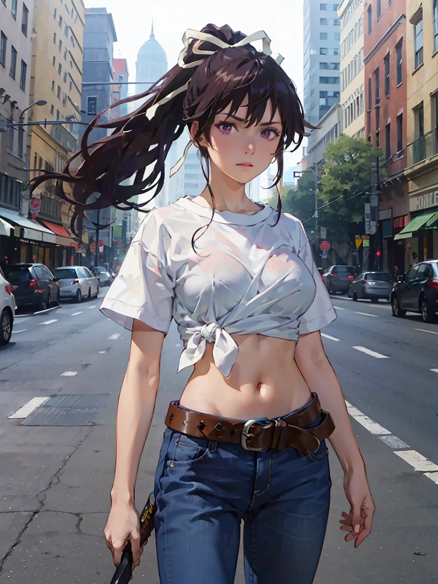 Masterpiece, best quality, height, 1 girl, alone, With shell, Asymmetrical clothes, navel, purple eyes, My hair is very long., Tie-dye shirt, Diaphragm, hair ribbon, Single pant leg, white shirt, ponytail, black hair, big breasts, jeans, white ribbon, brown belt, purple hair, Asymmetrical pants, outdoor, cowboy shoot, sword, weapon, in the city
