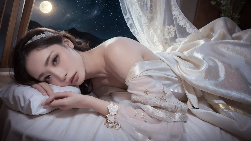 (1 woman), solo, short bob, 2, Japanese, brown eyes, brown hair, slim figure, flat chest, rosy cheeks, flushed face, happy, happiness
Break
Moonlit Whisper

Start with a delicate, flowing white dress adorned with silver and pale gold accents, featuring soft layers that float gently as the girl moves. The dress has a high empire waistline, giving it a graceful, ethereal silhouette. The neckline is adorned with subtle crescent moon embroidery, and the sleeves are loose and flowing, reminiscent of stardust trailing in the night sky. Pair it with lace-up sandals in a soft, silvery hue that wrap delicately around her ankles, adding a touch of whimsy and grounding the outfit.
BREAK
Accessorize with a silver headband featuring small crescent moons and stars, sitting gently atop her loosely tied-up hair. A small, silver moon-shaped pendant rests at her collarbone, and delicate star-shaped earrings add a soft shimmer to her look.

Scene & Setting
The girl stands on a glowing lunar surface, bathed in the gentle light of the full moon, her eyes filled with wonder. She gazes upward, speaking softly to the mythical rabbit living within the moon, her face glowing with curiosity and kindness. Her surroundings are quiet, with faint celestial music in the background, and the stars twinkle softly around her.

Expression & Emotion
Her expression is a mix of excitement and awe as she extends her hand toward the rabbit, her voice carrying gentle whispers of questions and wishes. She smiles softly, as if sharing a secret or forming a bond with the lunar creature. Her eyes shine with the light of the moon, reflecting a moment of pure, dreamlike connection.

Details & Accessories
A small silver bracelet adorns her wrist, and a light dusting of shimmer along her cheekbones mimics the soft glow of the moon. Her makeup is subtle yet luminous, with silvery eyeshadow, a hint of blush, and soft pink lips, adding to the dreamy, otherworldly feel.
BREAK
This outfit and scene captures th. 