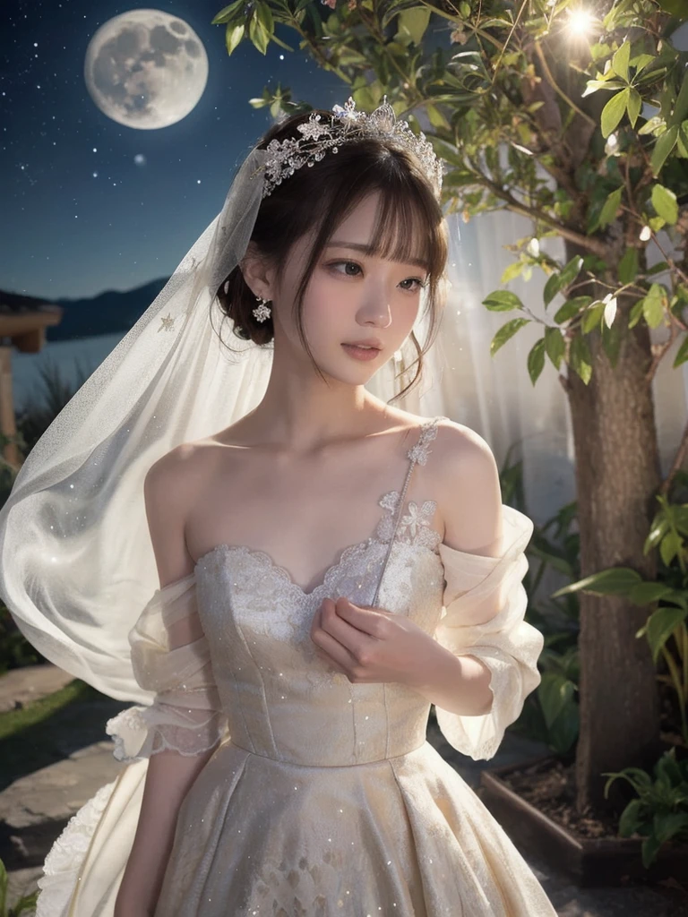 (1 woman), solo, short bob, 2, Japanese, brown eyes, brown hair, slim figure, flat chest, rosy cheeks, flushed face, happy, happiness
Break
Moonlit Whisper

Start with a delicate, flowing white dress adorned with silver and pale gold accents, featuring soft layers that float gently as the girl moves. The dress has a high empire waistline, giving it a graceful, ethereal silhouette. The neckline is adorned with subtle crescent moon embroidery, and the sleeves are loose and flowing, reminiscent of stardust trailing in the night sky. Pair it with lace-up sandals in a soft, silvery hue that wrap delicately around her ankles, adding a touch of whimsy and grounding the outfit.
BREAK
Accessorize with a silver headband featuring small crescent moons and stars, sitting gently atop her loosely tied-up hair. A small, silver moon-shaped pendant rests at her collarbone, and delicate star-shaped earrings add a soft shimmer to her look.

Scene & Setting
The girl stands on a glowing lunar surface, bathed in the gentle light of the full moon, her eyes filled with wonder. She gazes upward, speaking softly to the mythical rabbit living within the moon, her face glowing with curiosity and kindness. Her surroundings are quiet, with faint celestial music in the background, and the stars twinkle softly around her.

Expression & Emotion
Her expression is a mix of excitement and awe as she extends her hand toward the rabbit, her voice carrying gentle whispers of questions and wishes. She smiles softly, as if sharing a secret or forming a bond with the lunar creature. Her eyes shine with the light of the moon, reflecting a moment of pure, dreamlike connection.

Details & Accessories
A small silver bracelet adorns her wrist, and a light dusting of shimmer along her cheekbones mimics the soft glow of the moon. Her makeup is subtle yet luminous, with silvery eyeshadow, a hint of blush, and soft pink lips, adding to the dreamy, otherworldly feel.
BREAK
This outfit and scene captures th