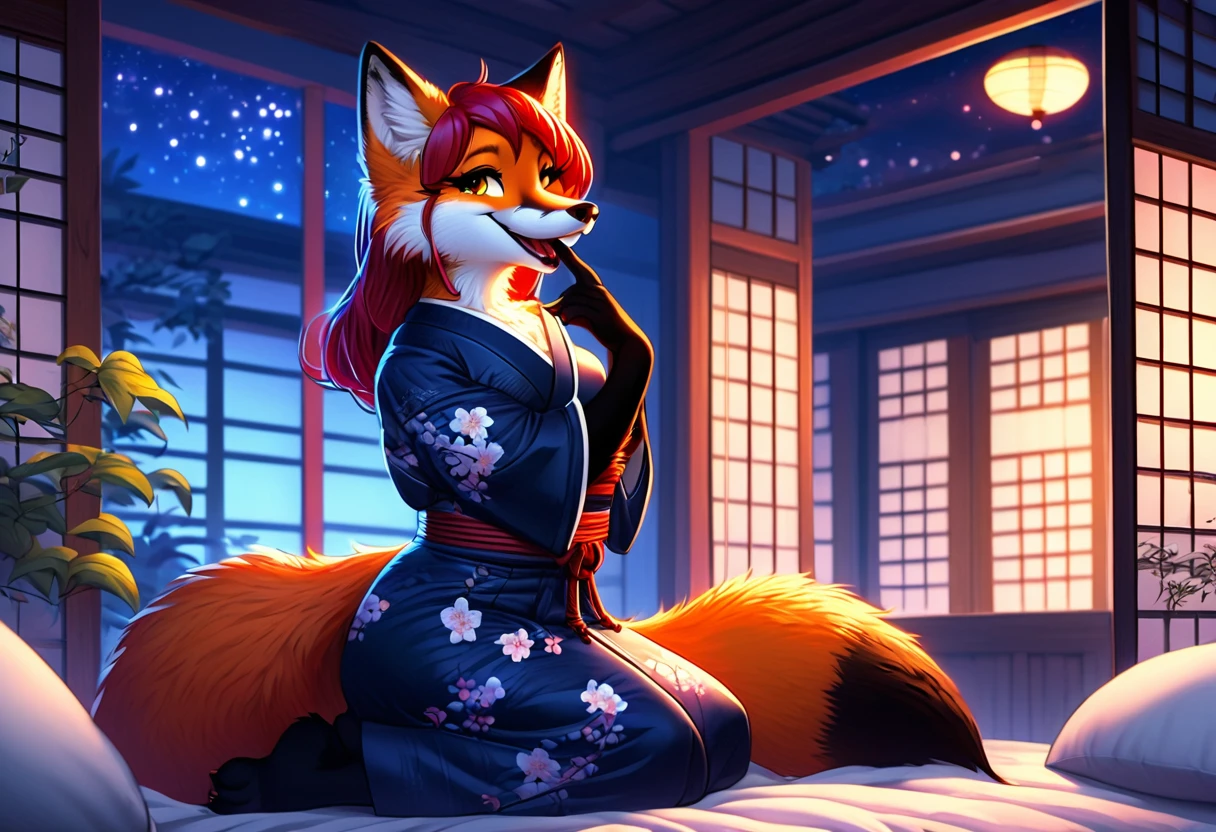 red fox, female, vixen, waifu, fox tail, full body, sexy body, voluptuous, sexy face, nice, hot, cute, perfect artwor, gorgeous, alluring, romantic, beautiful, sexy body, voluptuous, hair, scarlet hair, red hair, yellow eyes, smile, smiling out of hilarity, laughing, giggling cutely, paw covering mouth from laughing, paw on mouth, highest quality, high quality illustrations, masterpiece, Ultra-high resolution, Detailed Background, night, Absurd, Perfect Anatomy, performance, anthro, furry, in a bedroom, bed, pillow, japanese shrine bedroom, pitch black night sky, night sky and a half-moon, plant, side view, on knees, gazing at viewer with side eye, side gaze, safe for work, wearing a yukata