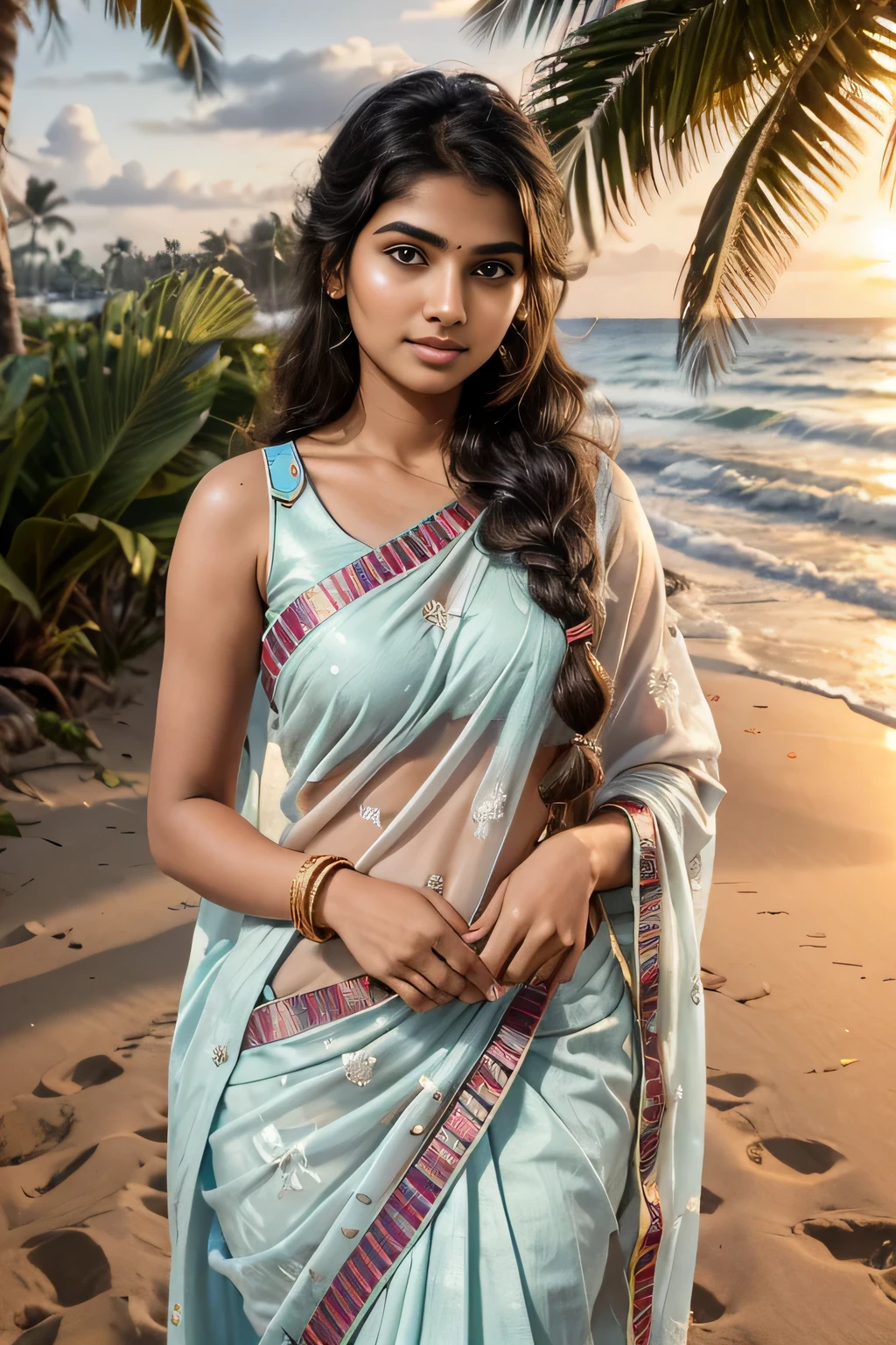 Very Indian Woman, portrait, 20 year old, teen age, blouse and saree, stylish, dusk and sunset, tropical ocean beach sand, coconut trees, royal, detailed body, detailed face, traditional, gorgeous, ultra realistic, charming, cute, long braided hair, ambient lighting, winter, detailed background, volumetric lighting, shadow, 8k