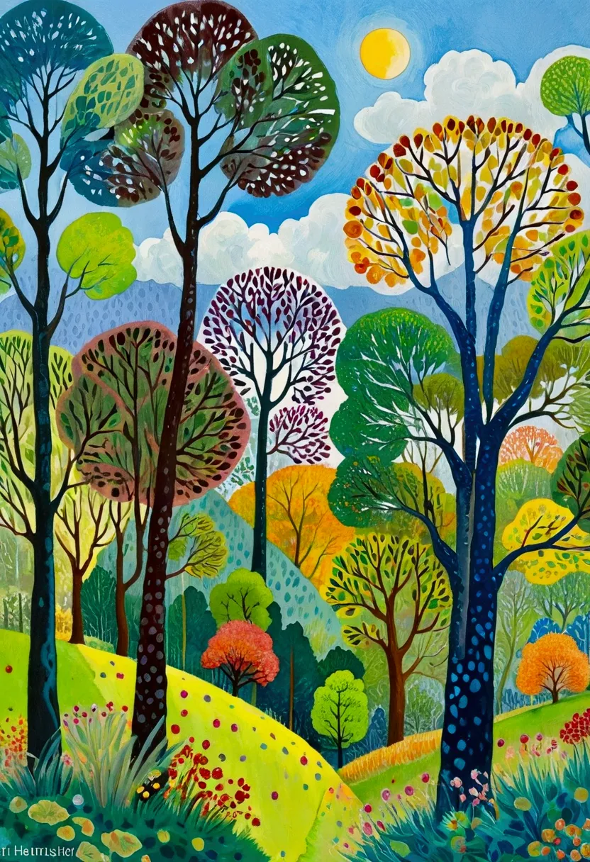 painting of a colorful landscape with trees and clouds, vibrant gouache painting scenery, whimsical forest, colorful trees, hill...