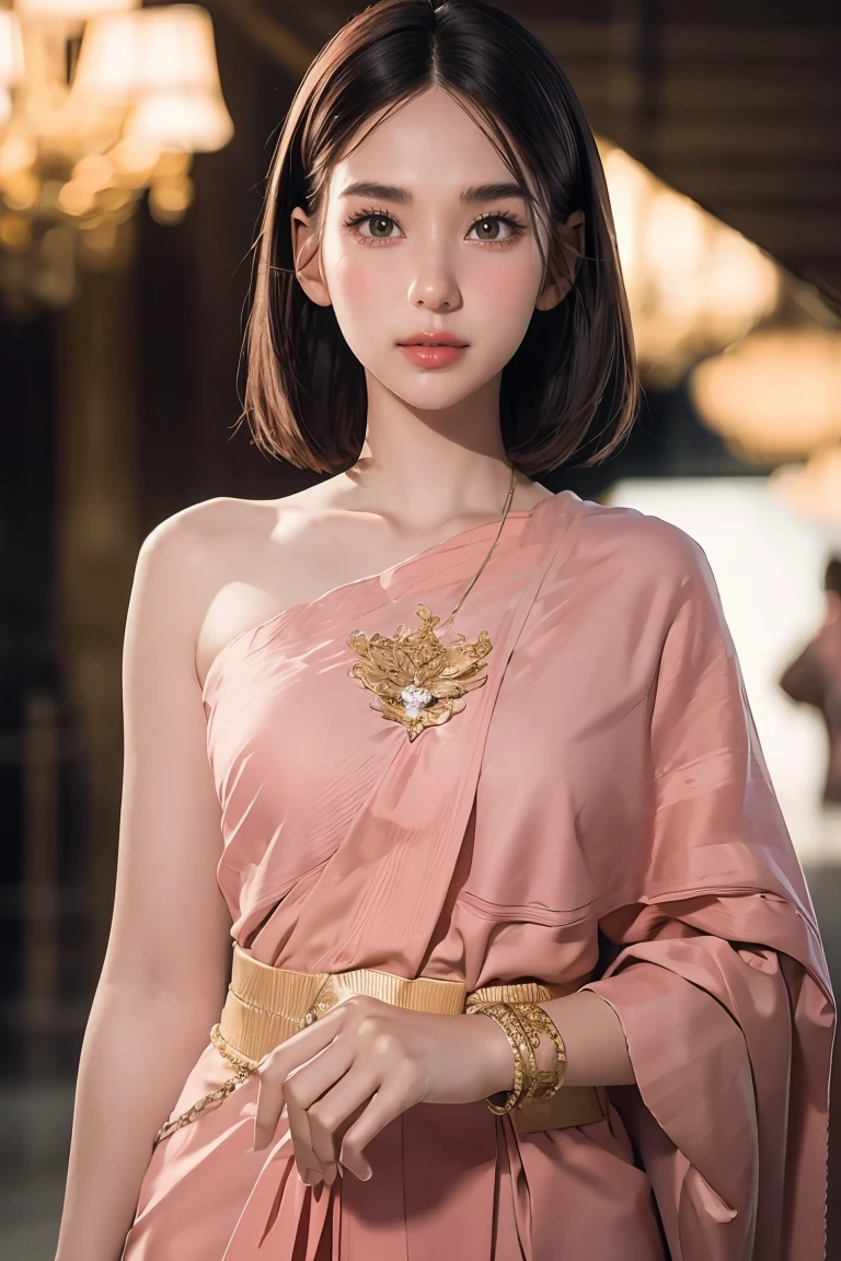 (RAW photo:1.2), (photorealistic:1.4),(masterpiece:1.3),(best quality:1.4),ultra high res,(detailed eyes),(detailed facial features),(detailed clothes features),HDR,8k resolution, solo focus,thai tradition dress,tradition shawl ,golden jewelry,1 girl ,facing to viewer,full body, depth of field,cinematic light,(adorable  girl with rim lighting :1.2), (((perfect body shape ))),,2 ,(Eurasian face),(pale skin),(gorgeous short hair:1.1),(dark hair:1.11)