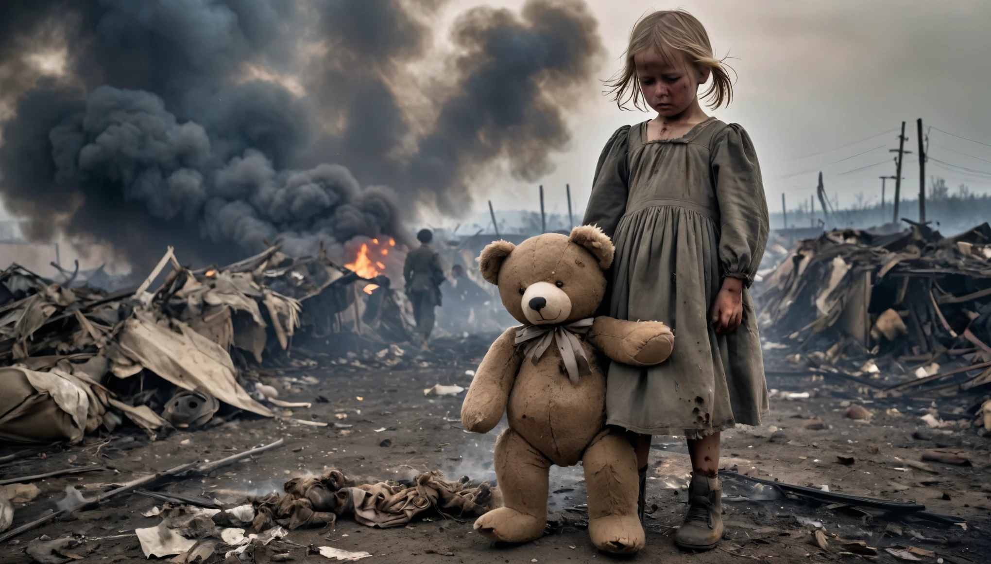 1girl\(very small kid,dirty, wounded, emaciated, tattered dress, clinging to stuffed bear\(large,dirty\), crying terribly\), 1boy\(heavy armed, soldier, angrily pulling the stuffed bear\), debris and smoke are all around, under a dim sky, no hope, despair, close-up of stuffed bear, Pulitzer Prize winning photo, documentary photo, photorealistic photo,view from above