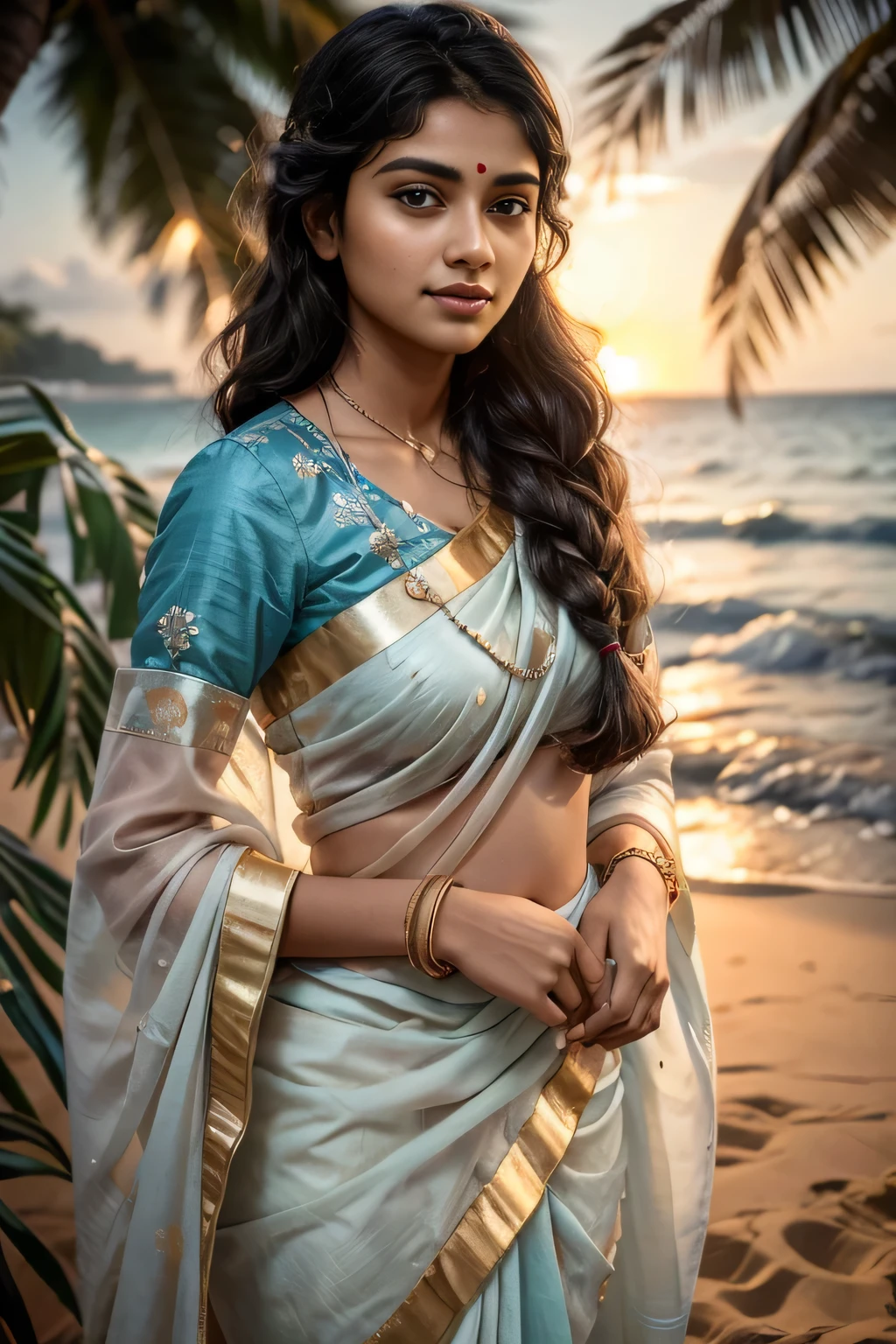 Very Indian Woman, portrait, 20 year old, teen age, blouse and saree, stylish, dusk and sunset, tropical ocean beach sand, coconut trees, royal, detailed body, detailed face, traditional, gorgeous, ultra realistic, charming, cute, long braided hair, ambient lighting, winter, detailed background, volumetric lighting, shadow, 8k