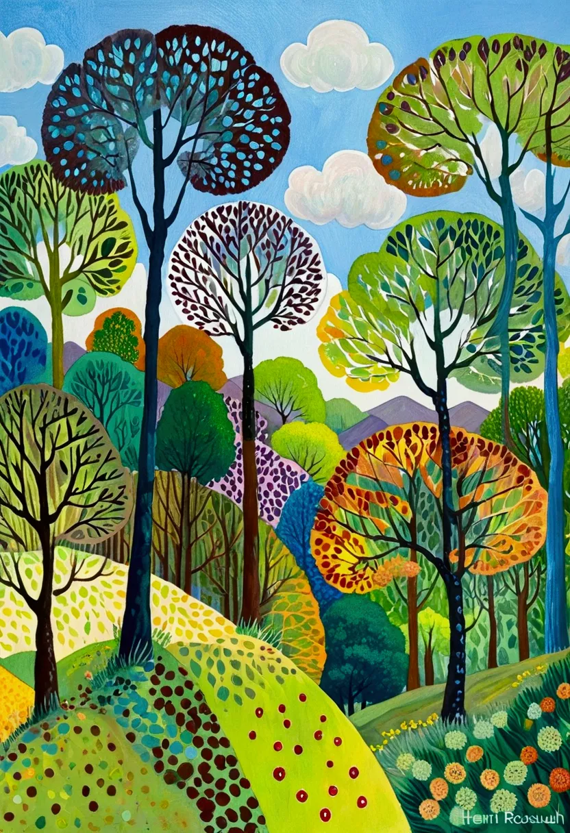 painting of a colorful landscape with trees and clouds, vibrant gouache painting scenery, whimsical forest, colorful trees, hill...