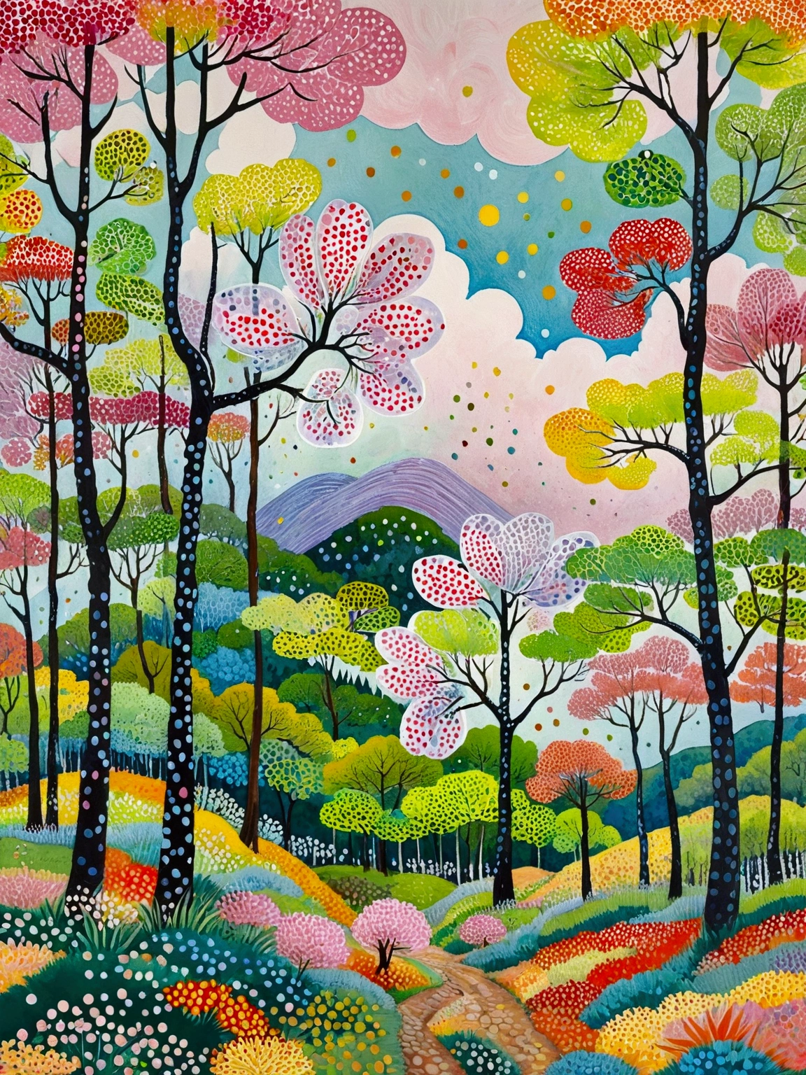 painting of a colorful landscape with trees and clouds, vibrant gouache painting scenery, whimsical forest, colorful trees, hill with trees, nature painting, bright forest, trees in the grassy hills, colorful landscape painting, detailed trees, lots of trees, painting of a forest, random forest landscape, trees with lots of leaves, inspired by Henri Rousseau, inspired by Pacita Abad