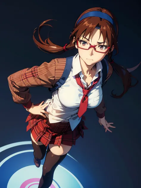 1girl, mari makinami, blue big eyes, brown hair, thick red rimmed glasses, headband, twintails, dress shirt, plaid skirt, pantyh...