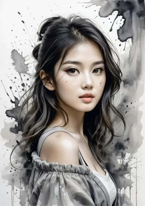 beautiful young asian woman ink wash painting style,1 girl, chic, portrait frame, detailed gorgeous face, with small splashes of...