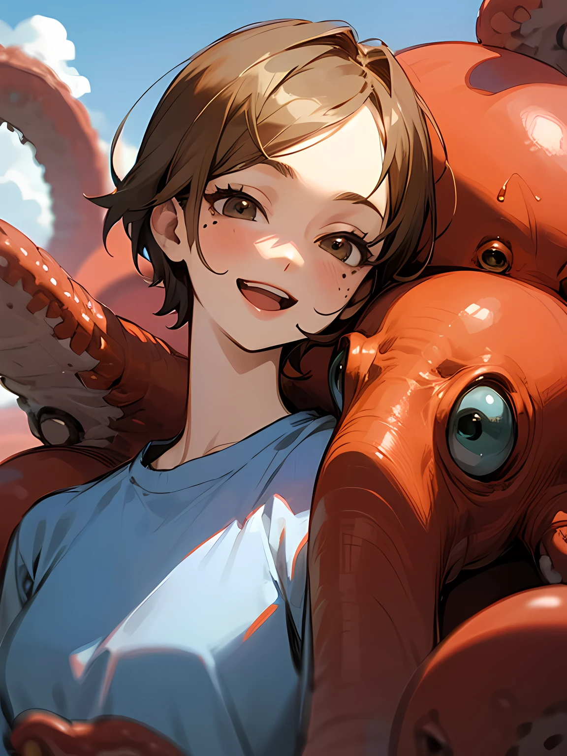 solo,woman,upper body, (close up cute face), open mouth:1.2, light brown very boyish short hair, parted bangs, tsurime,big smile, mole under the eye, smile, illustration of a red octopus T-shirt, jeans, cute octopuses stuffed toy,Walking around, an amusement park,fun moodie,blue sky,outdoor, (manga style),(sketch),( illustration)