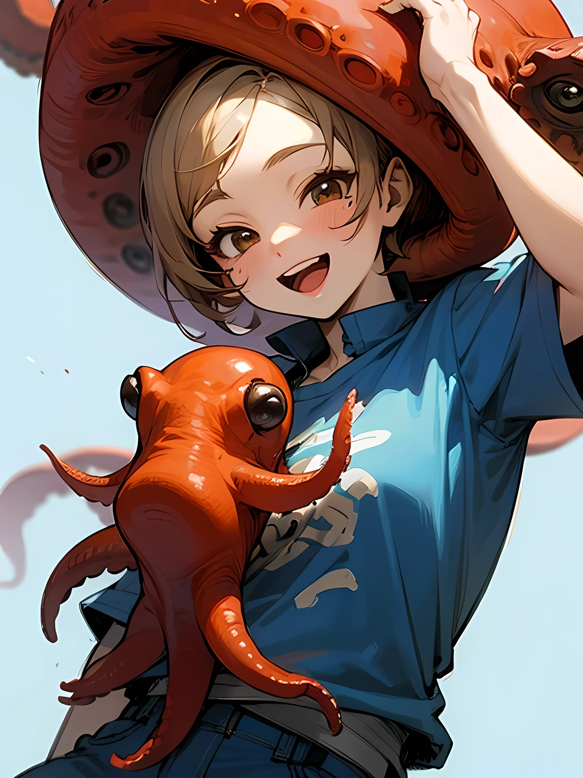 solo,woman,upper body, (close up cute face), open mouth:1.2, light brown very boyish short hair, parted bangs, tsurime,big smile, mole under the eye, smile, illustration of a red octopus T-shirt, jeans, cute octopuses stuffed toy,Walking around, an amusement park,fun moodie,blue sky,outdoor, (manga style),(sketch),( illustration)