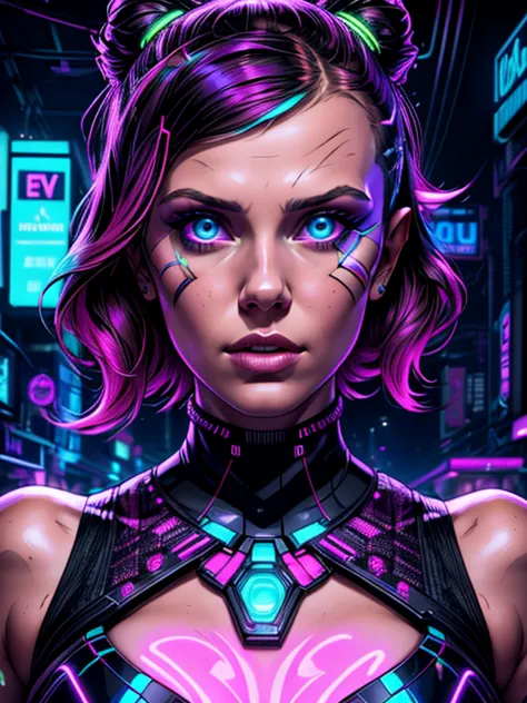 millie bobby brown, a neon goddess,intricate cyberpunk fashion,glowing neon details,dramatic lighting,complex futuristic archite...