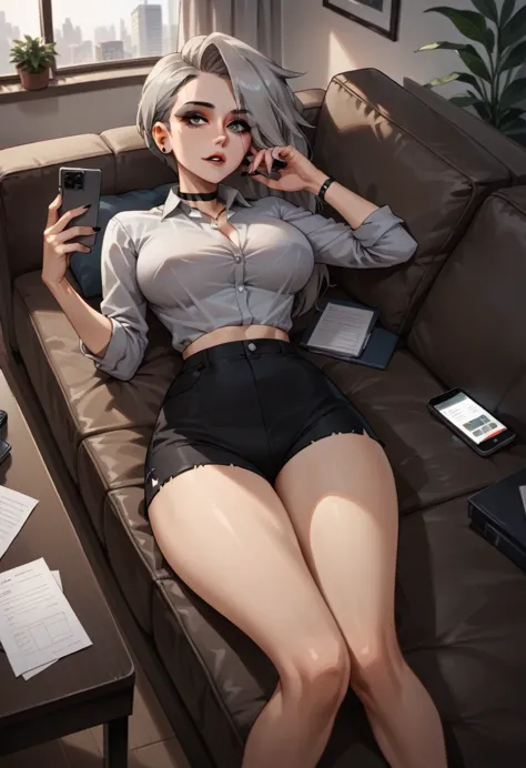 loona, gray blouse, low-cut, big breasts, black shorts, lying on a sofa, looking at her cell phone, in a office.